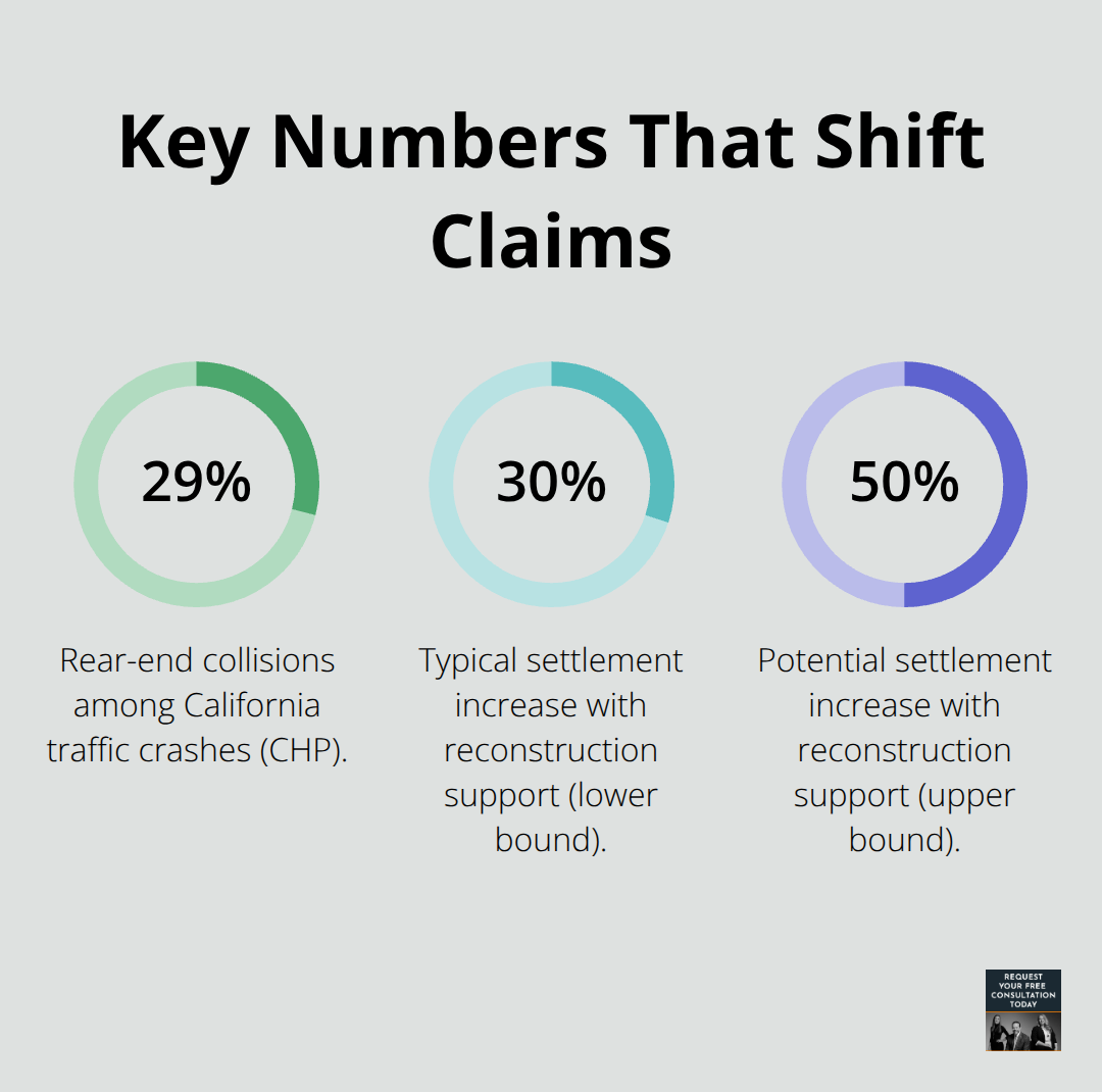 Percentages showing how common rear-end crashes are and how reconstruction can lift settlements - Accident reconstruction expert California