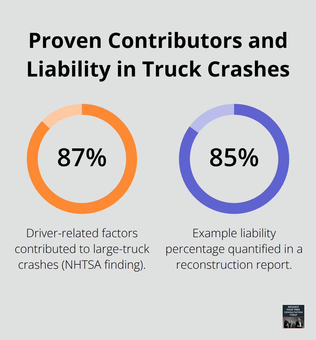 Chart highlighting key percentages related to truck crash causation and quantified liability. - Accident reconstruction expert