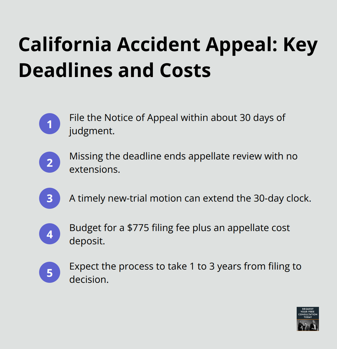 Compact list summarizing the core timing and fee requirements for a California appeal - Appellate accident case