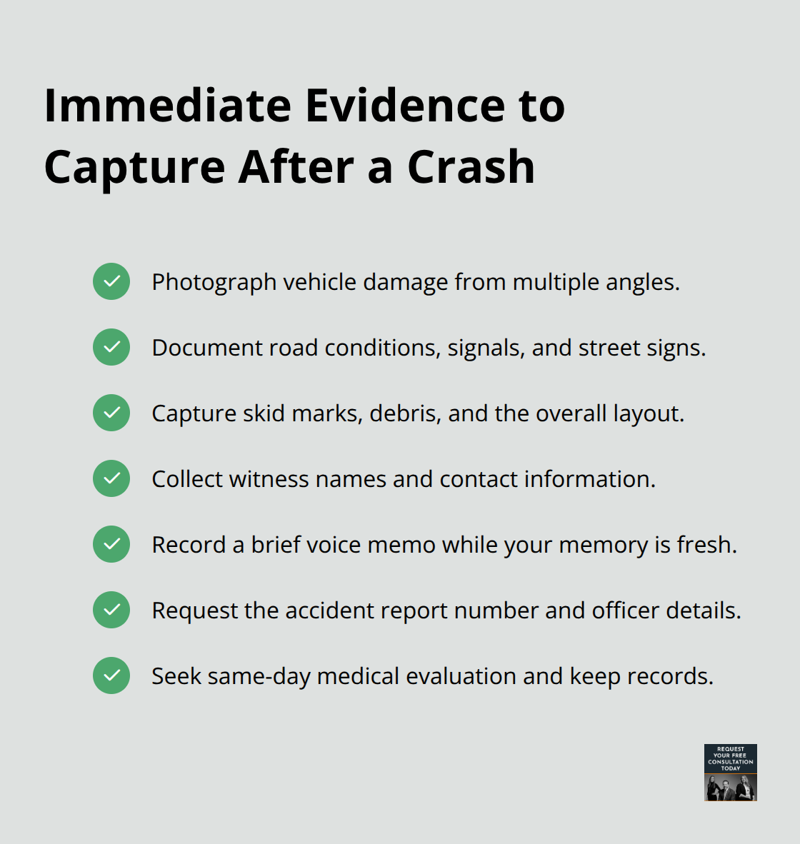 Checklist of key evidence to gather at the accident scene in the United States.
