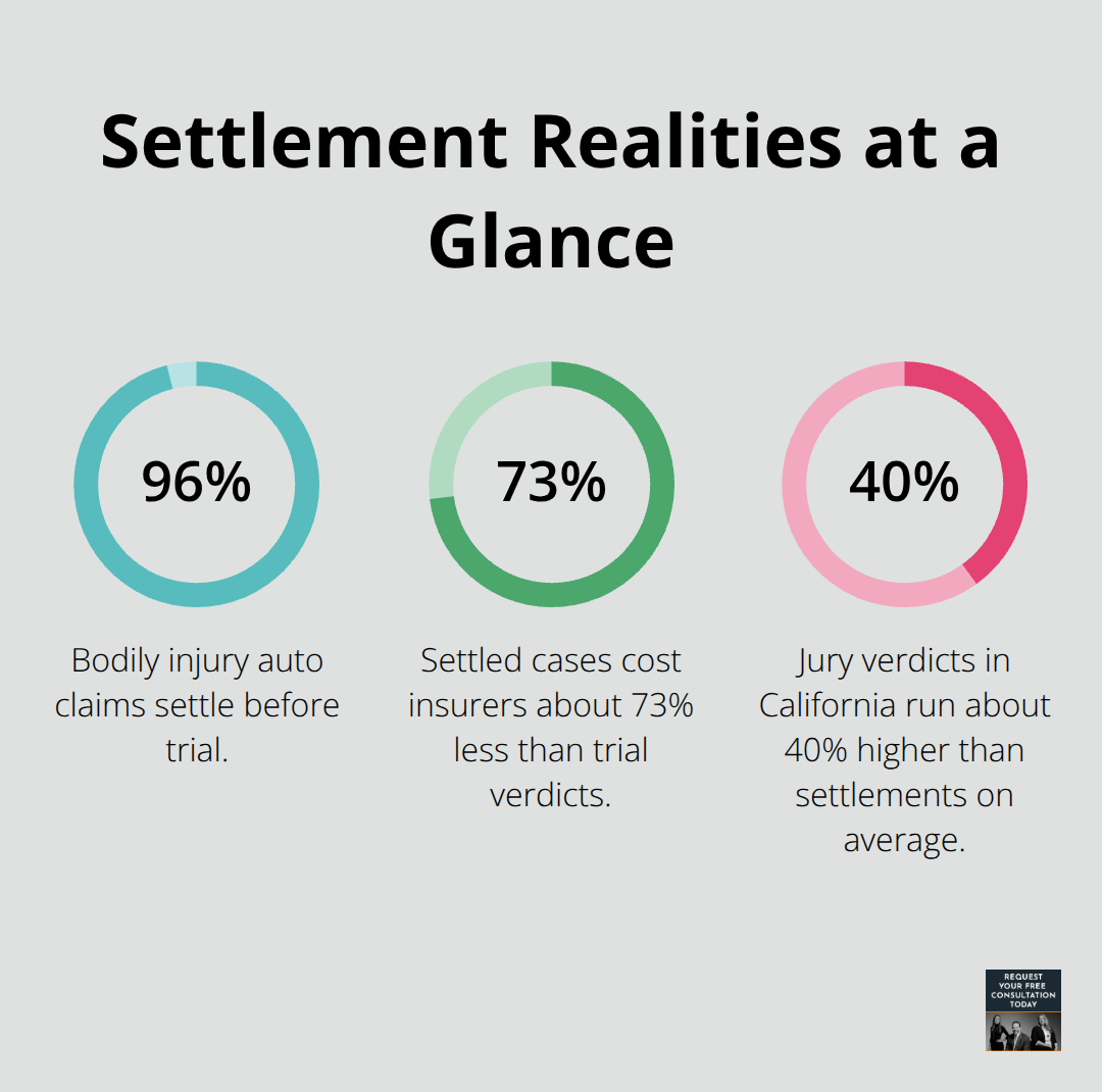 Chart visualizing how often claims settle and how settlements compare with trial results. - Auto accident claims