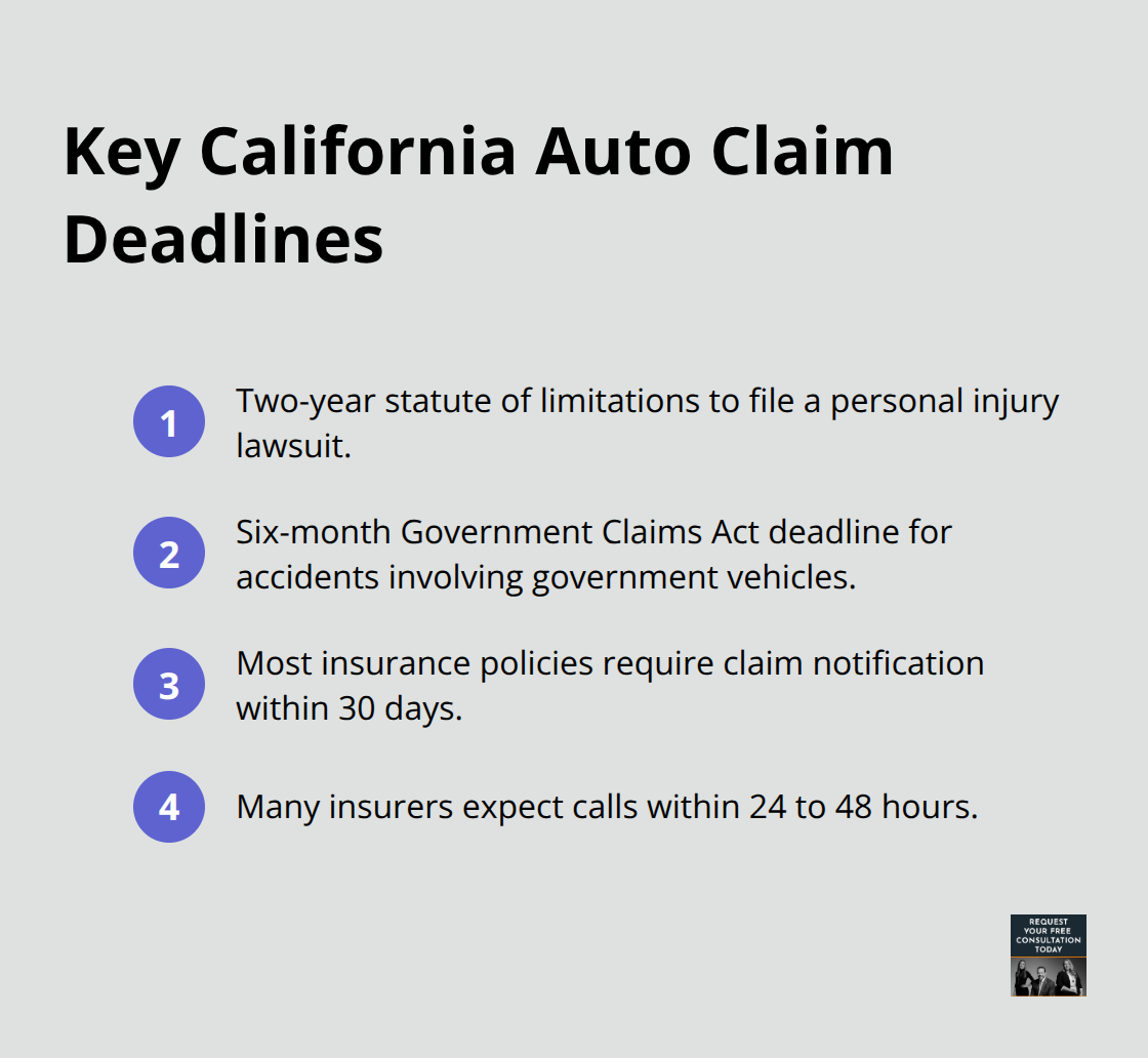 Compact list of essential California auto claim deadlines including two-year statute, six-month government claim, 30-day policy notice, and 24–48 hour expectation. - Auto accident compensation guide