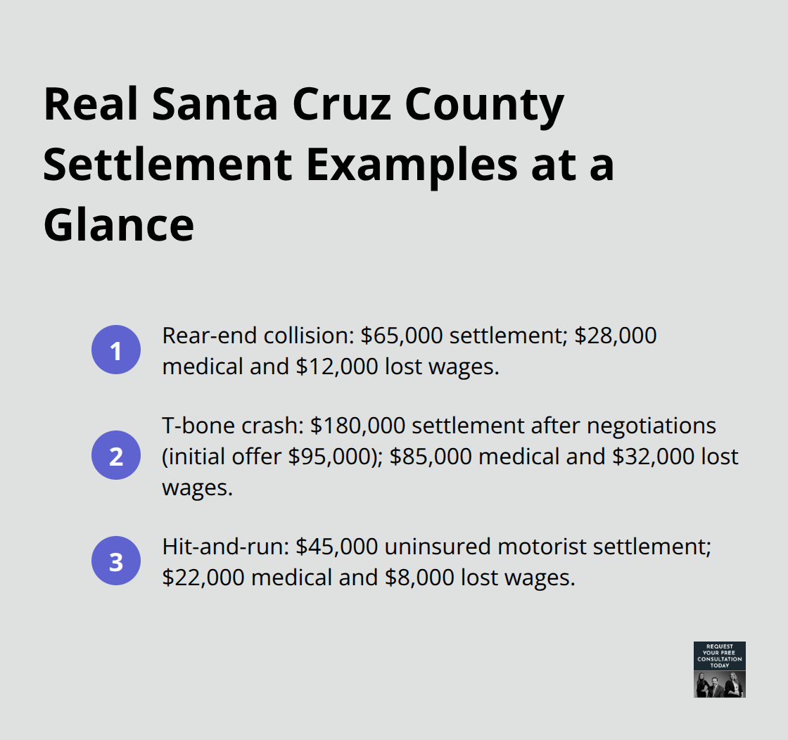 Three real auto accident settlement examples in Santa Cruz County with amounts and key cost drivers.