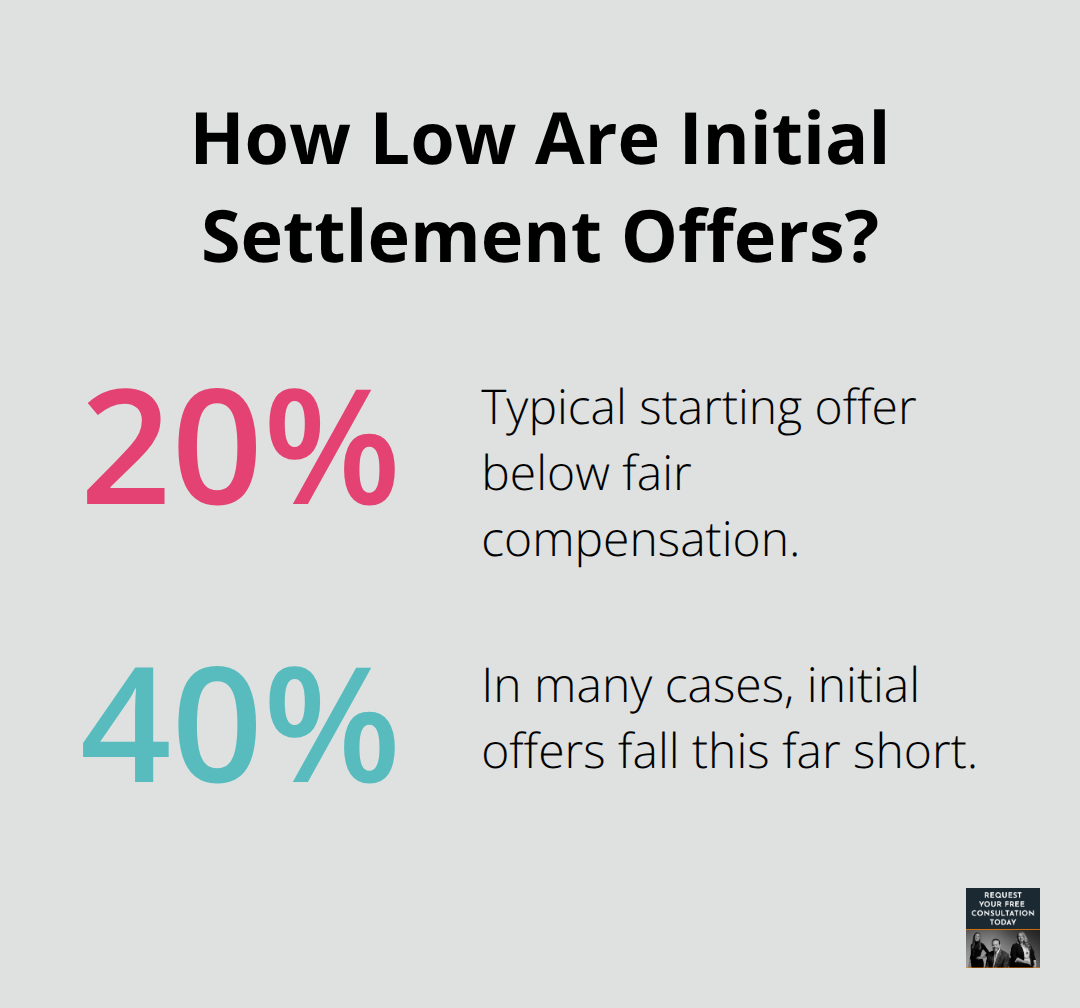 Chart showing how initial offers often fall 20–40% below fair compensation amounts. - auto accident settlement examples