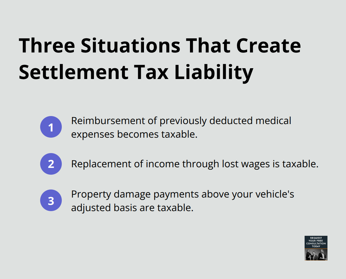 Compact list of scenarios that make parts of an auto accident settlement taxable.