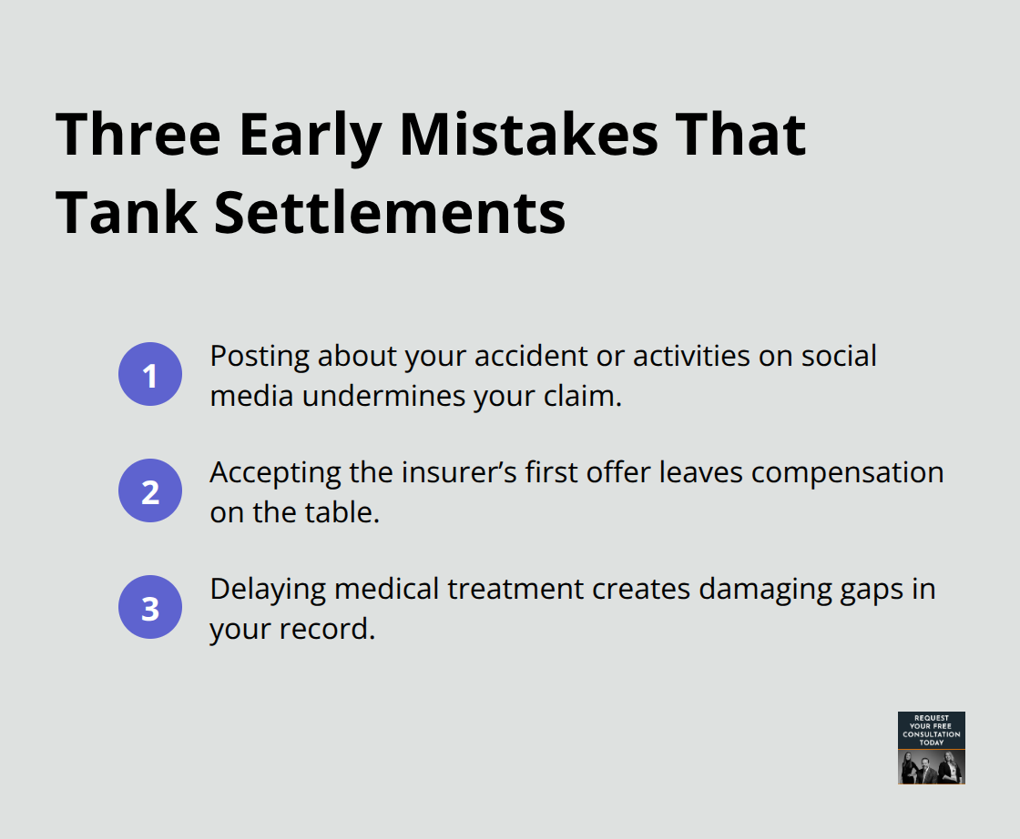 Compact list of early post-accident mistakes that reduce settlement value - Auto injury settlement