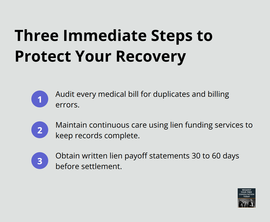 Compact checklist of three immediate actions to safeguard your auto accident settlement from medical liens. - Auto lien medical bills