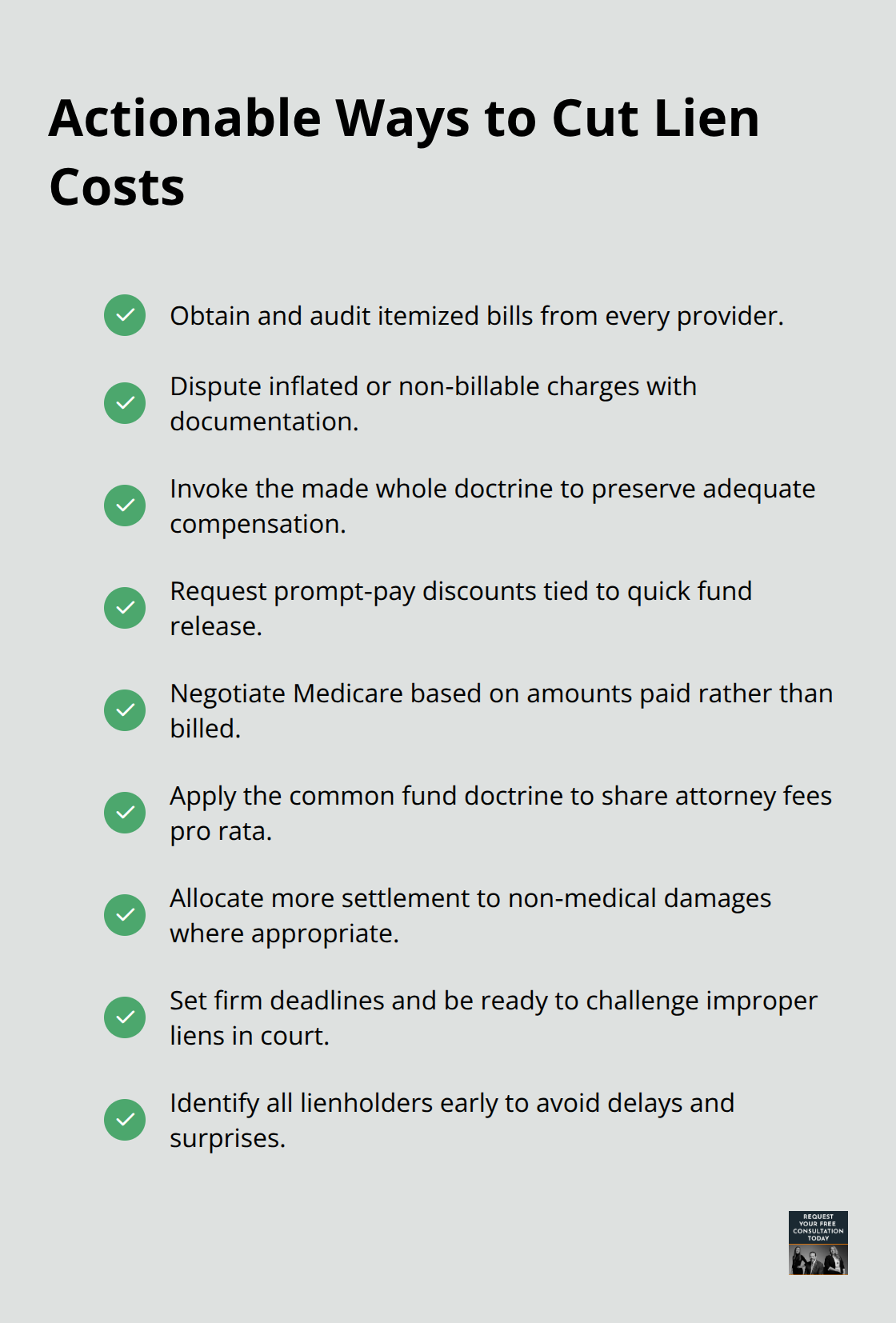 Checklist of practical strategies to reduce medical lien amounts before settlement. - Auto medical liens