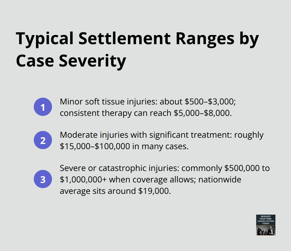 Compact list of settlement ranges from minor to catastrophic injuries