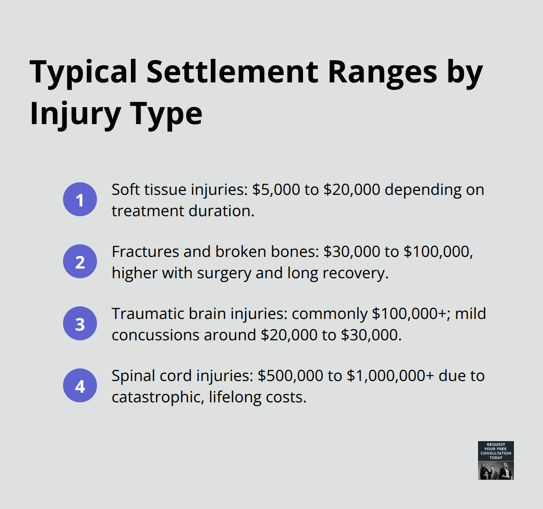 Compact list summarizing settlement ranges for soft tissue, fractures, traumatic brain injuries, and spinal cord injuries.