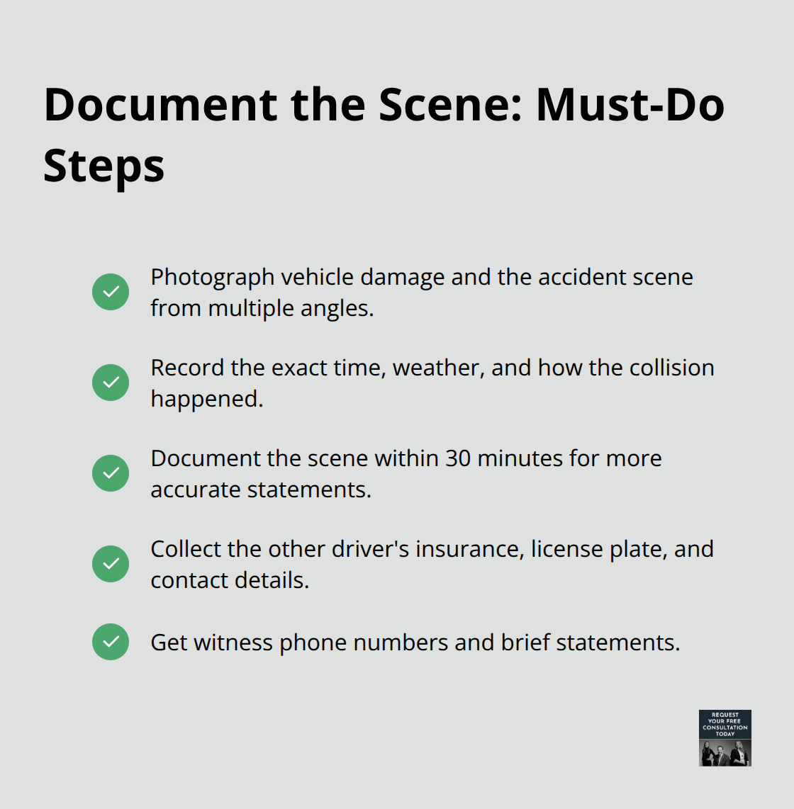 Checklist of essential steps to document a car accident scene for health and legal protection