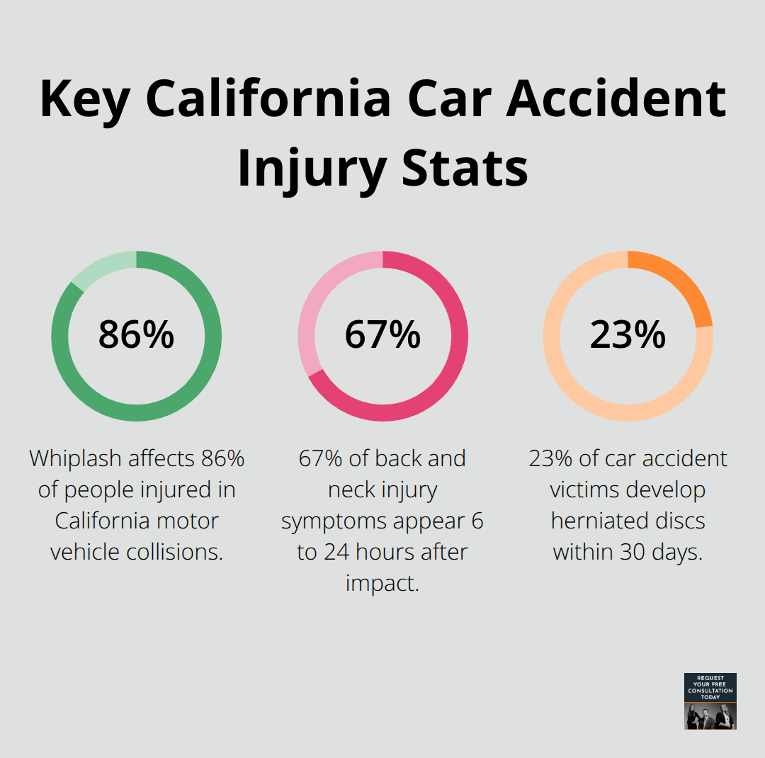Percentage chart showing whiplash prevalence, delayed symptom onset, and herniated disc incidence in California collisions - back and neck injury after car accident