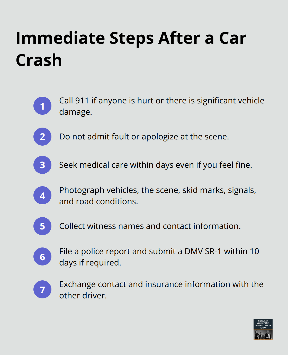 A compact checklist of critical steps to take right after a car crash in the U.S., including safety, medical care, evidence, and reporting timelines. - Back injury after crash