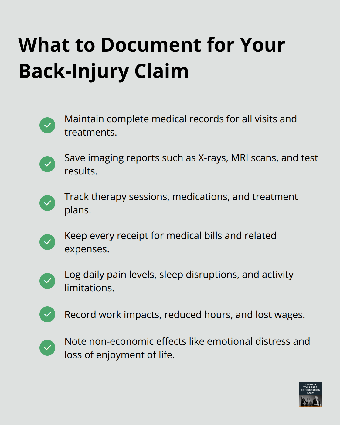 A checkmark list of key medical and impact documentation to support a back-injury claim after a crash in the United States.