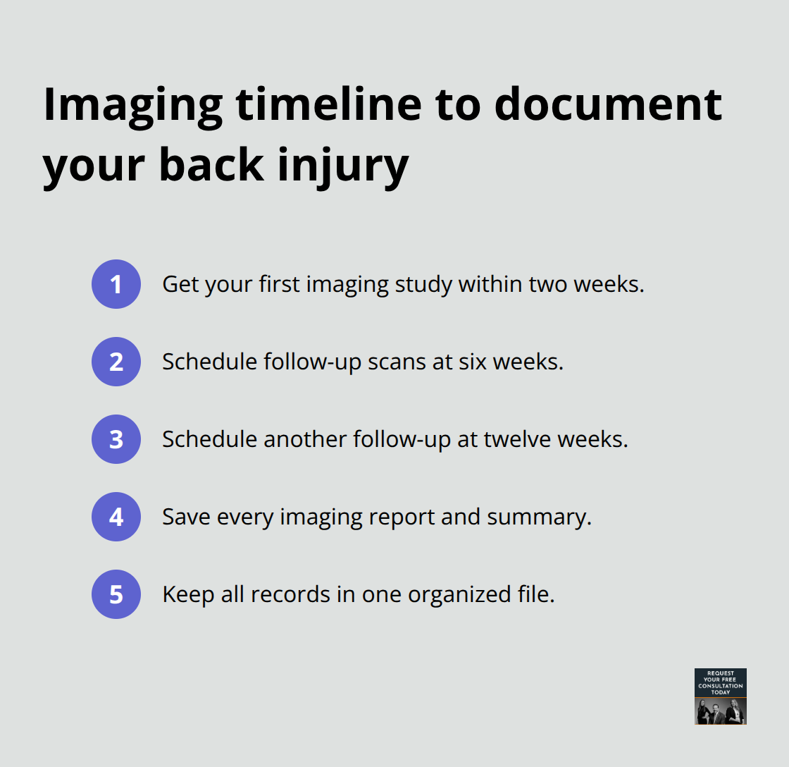 Step-by-step imaging timeline to support a back injury claim.