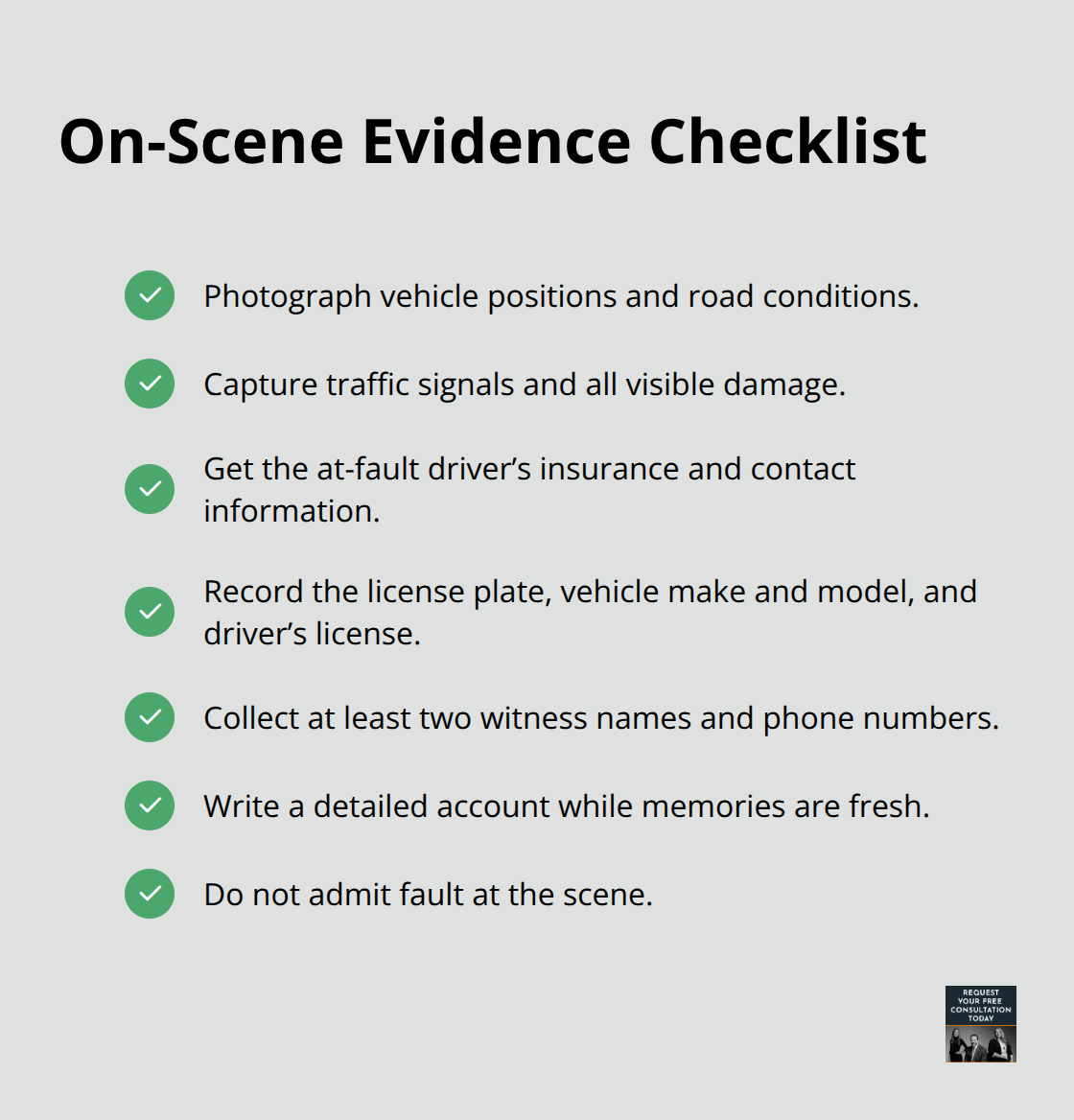 Checklist of critical steps to document a bicycle collision scene for a stronger insurance claim.