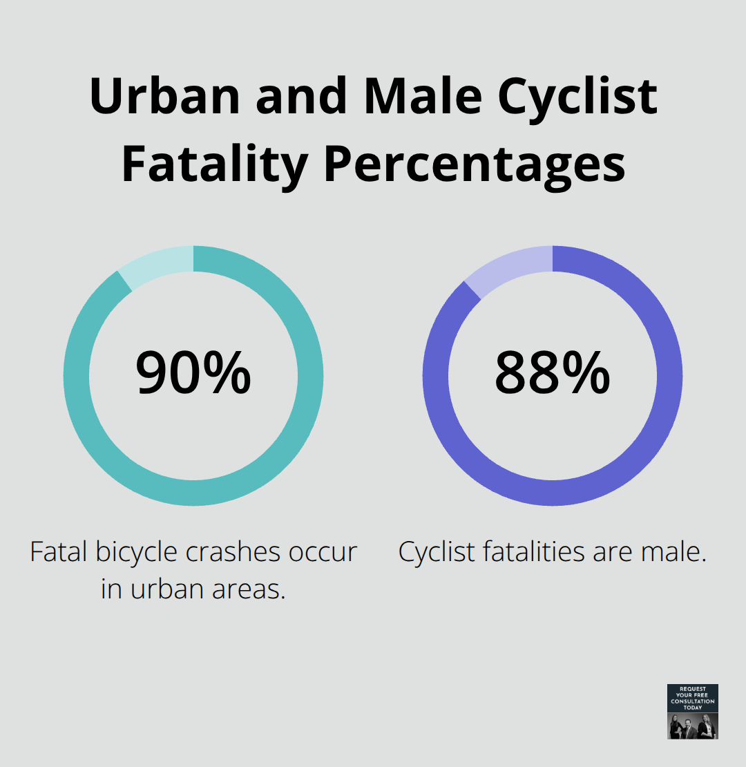 Chart showing 90% of fatal bicycle crashes occur in urban areas and 88% of fatalities are male cyclists - bike car accidents statistics
