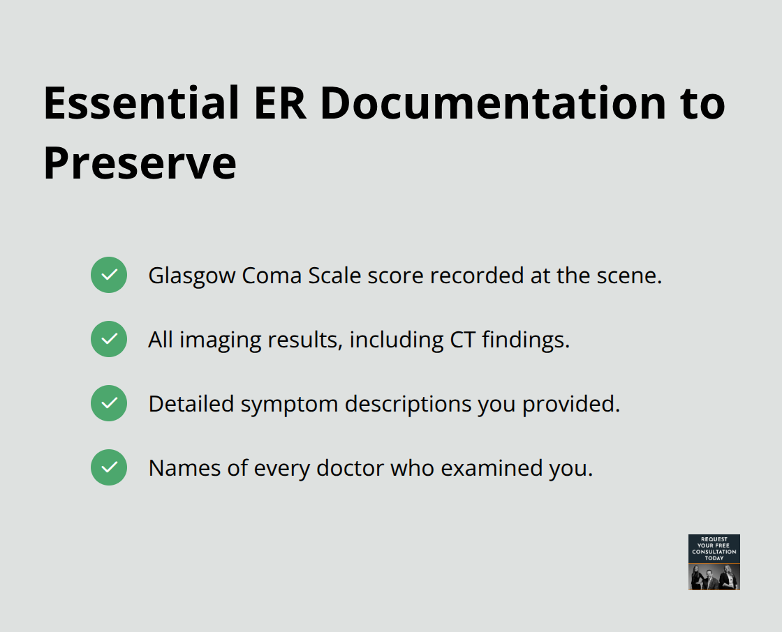 Checklist of critical medical records to keep after an ER visit for a suspected TBI.