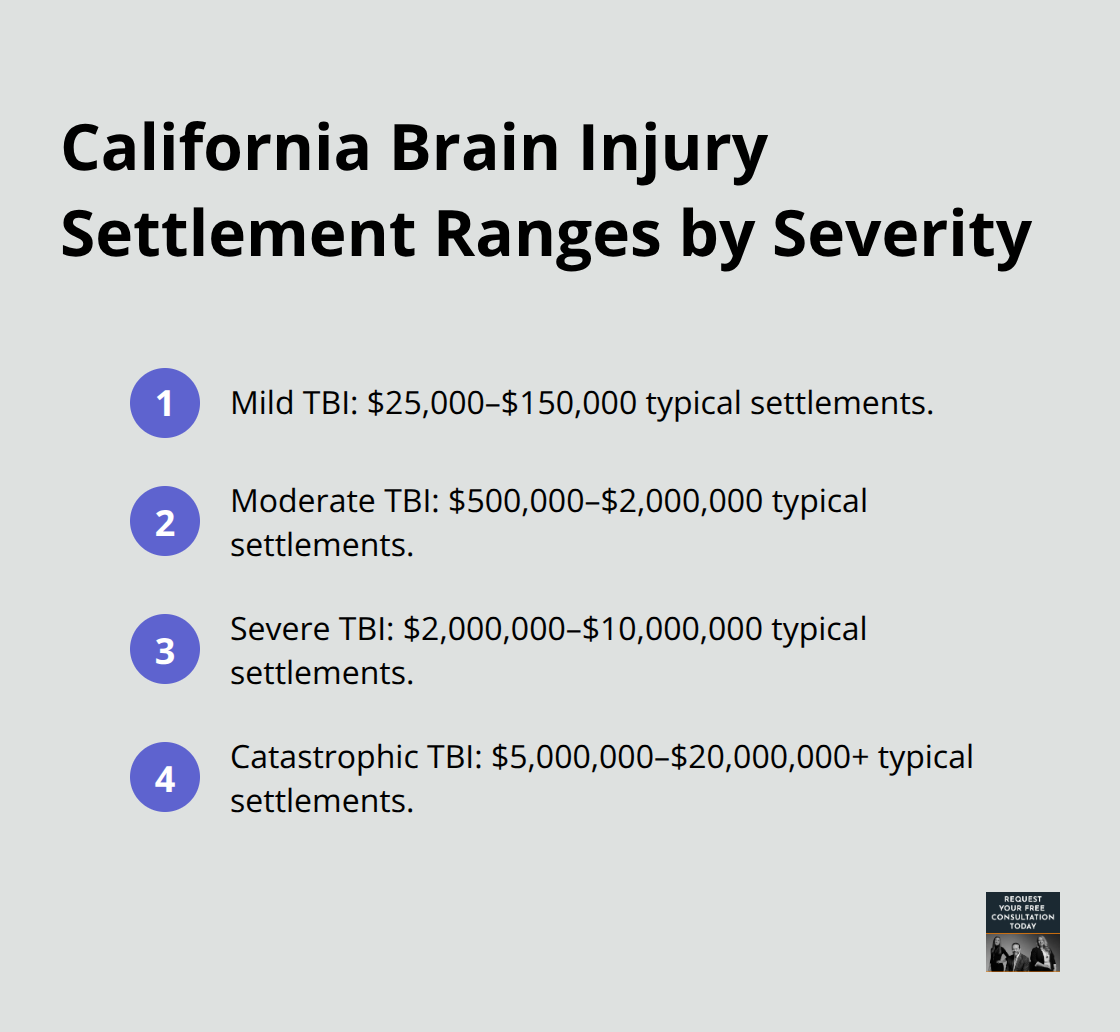 Compact list showing typical California settlement ranges for mild, moderate, severe, and catastrophic TBIs. - Brain injury car crash