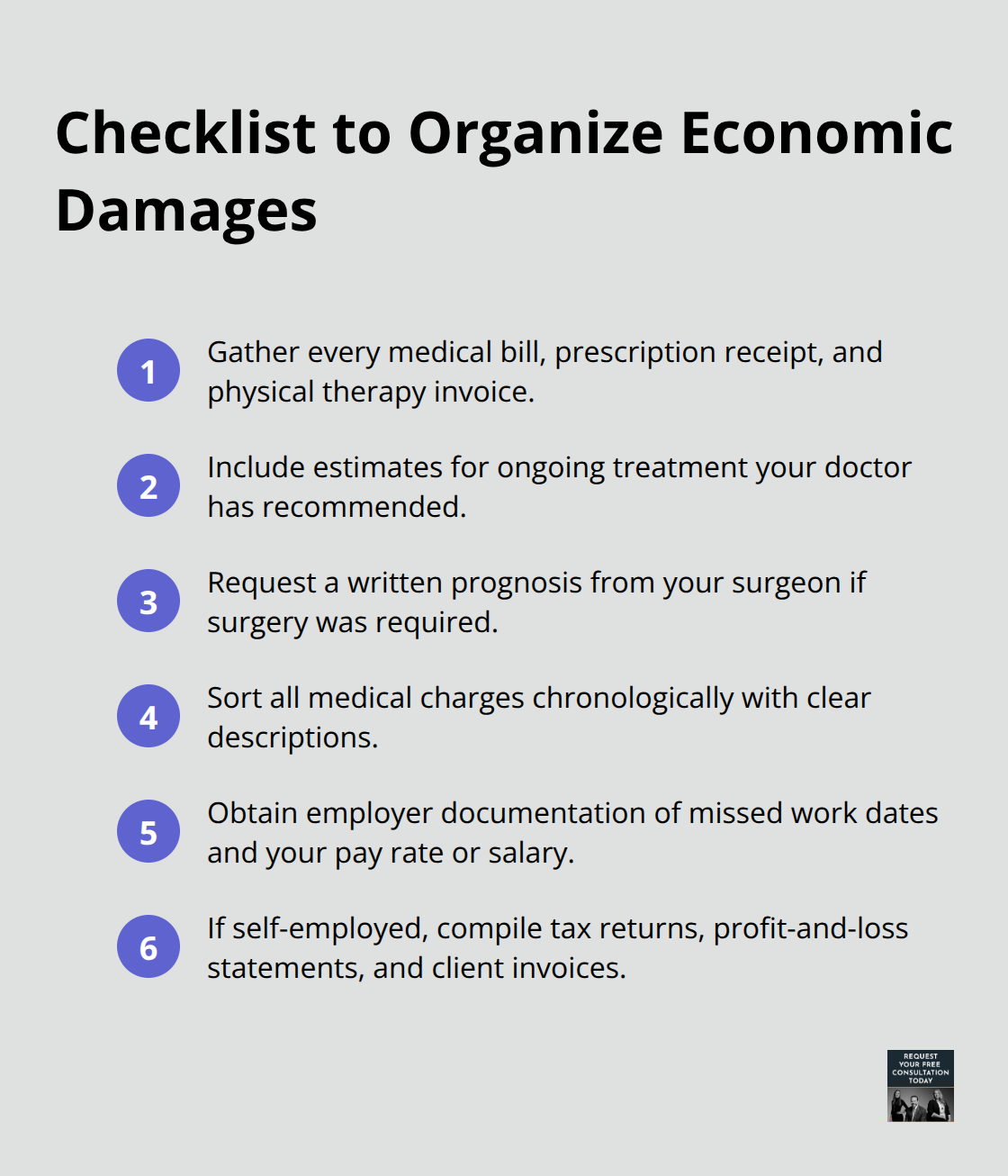 Compact step-by-step list to gather bills and income proof for a California car accident claim - California auto accident compensation