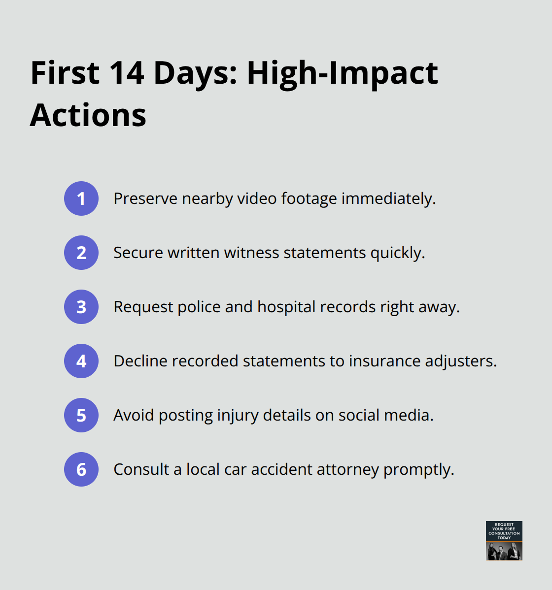 Compact ordered list of critical actions to take in the first two weeks after a California car accident.