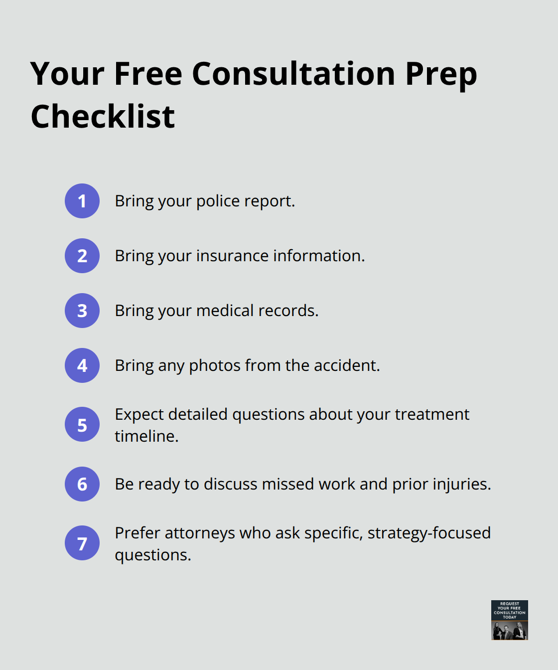 Compact checklist of what to bring and expect during a free consultation - California car accident attorney