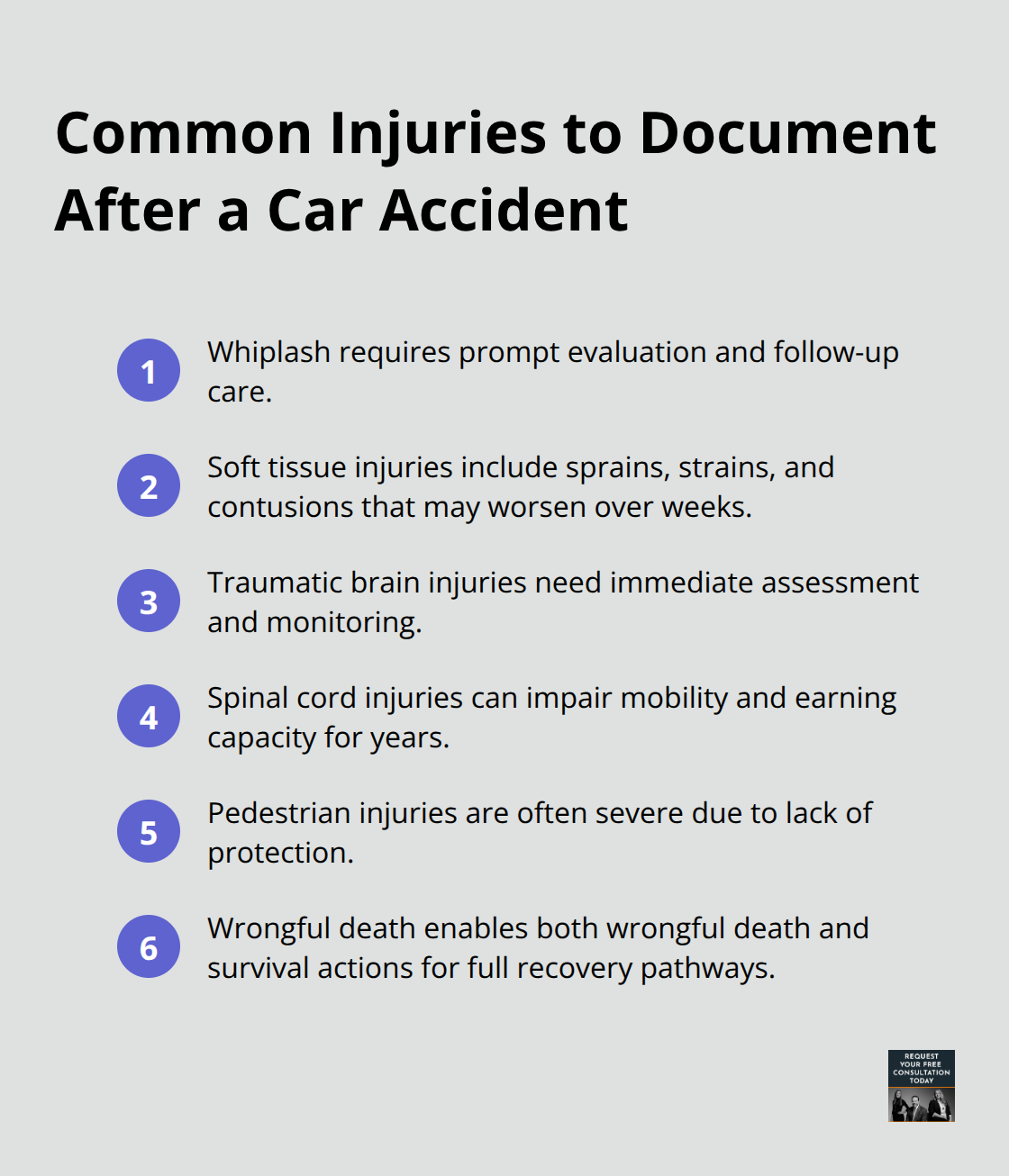 Compact list of frequent car-accident injuries and documentation priorities. - California car accident lawyer