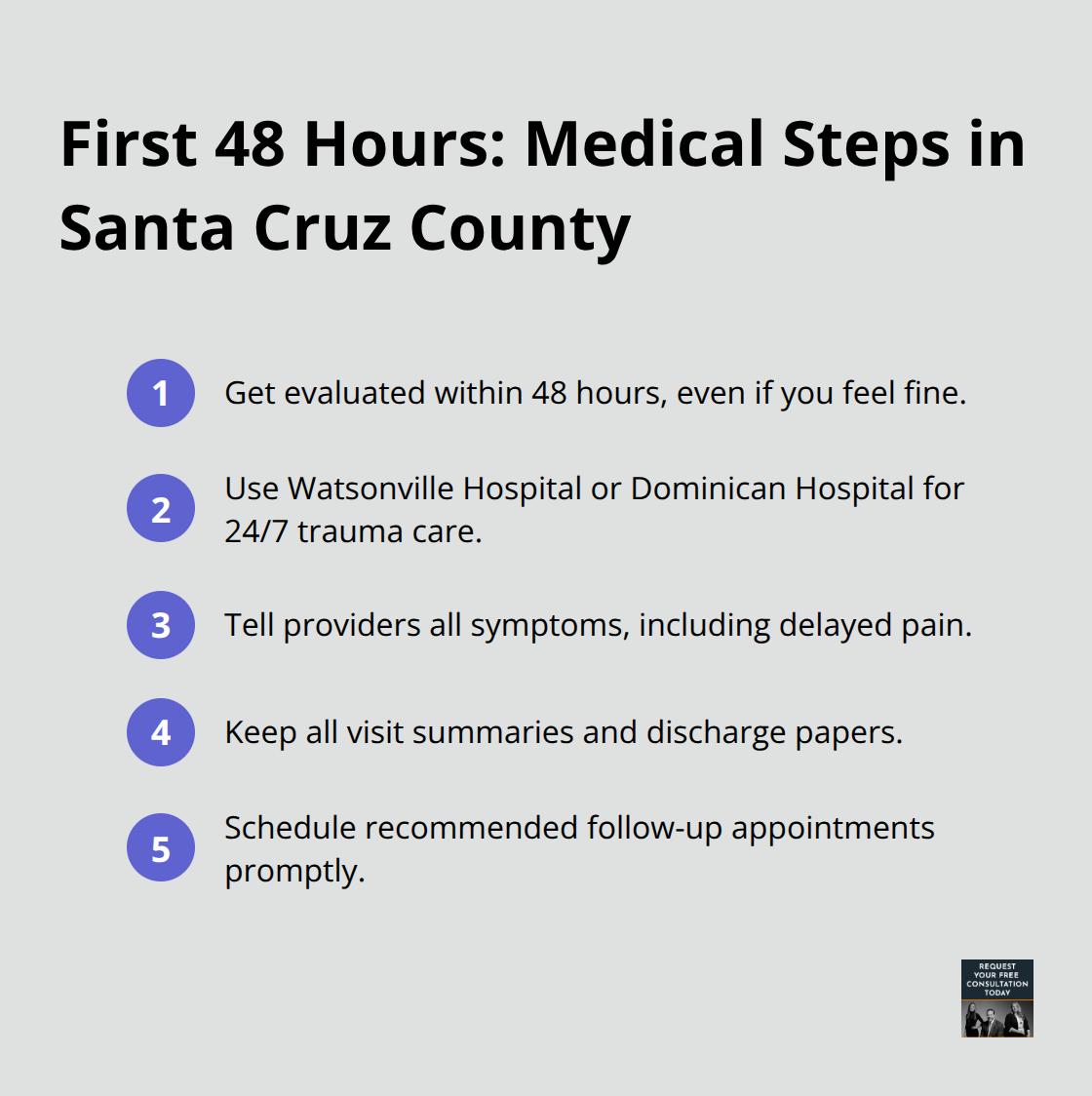Compact list of immediate care actions that strengthen your claim