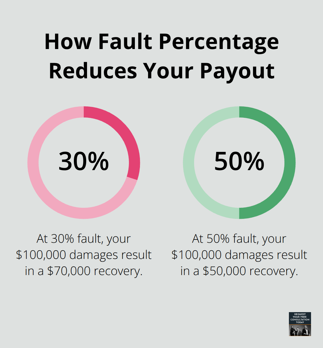 Examples showing how 30% and 50% fault reduce a $100,000 recovery in California. - California comparative negligence rules