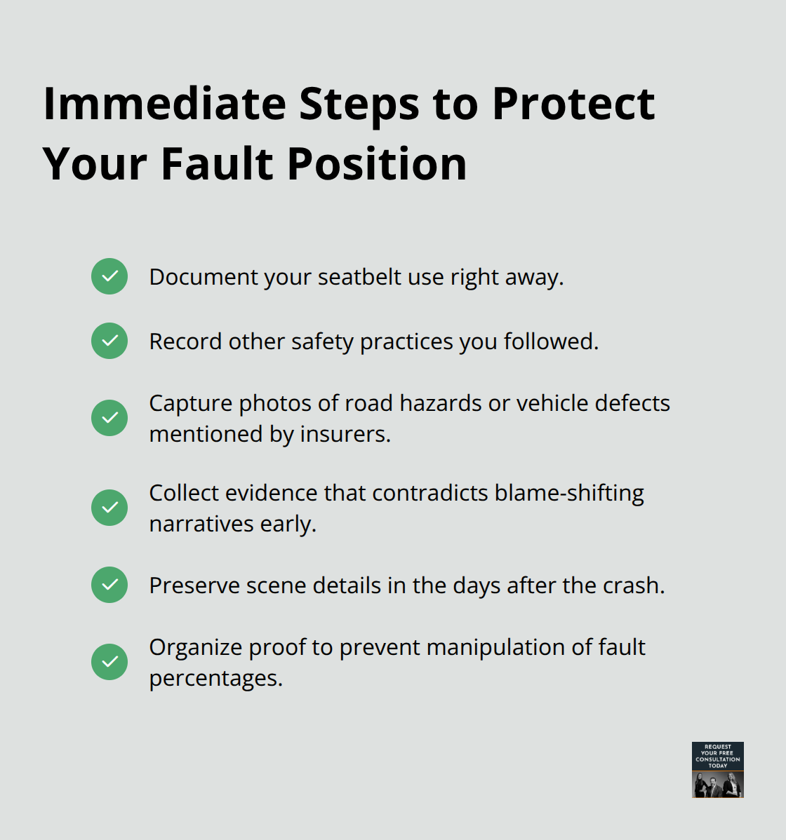 Checklist of actions to document safety practices and counter blame-shifting after a crash in California.