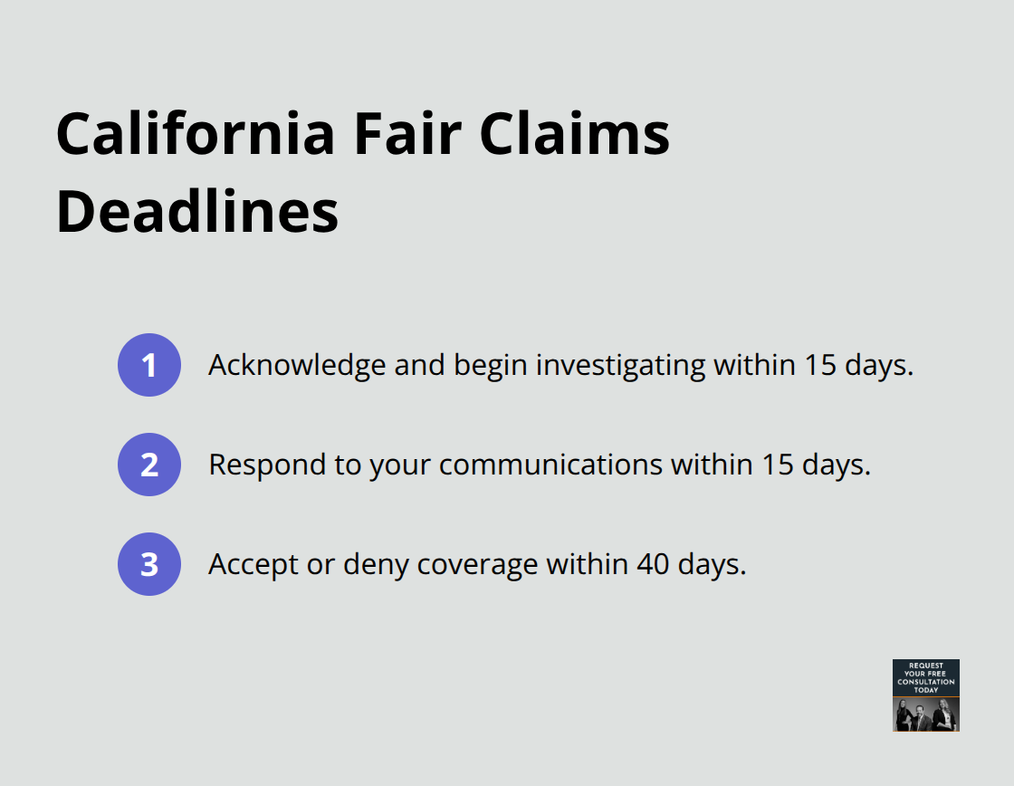 Timeline of California insurance claim deadlines: acknowledge/investigate in 15 days, respond in 15 days, decide in 40 days.