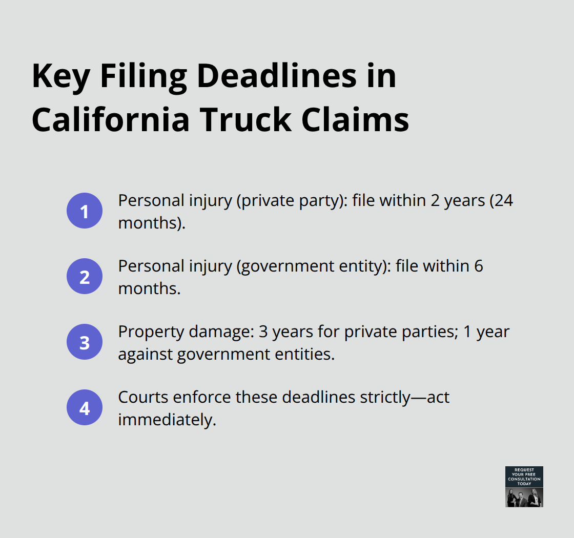 Compact list summarizing core filing deadlines for California truck accident claims. - California truck litigation