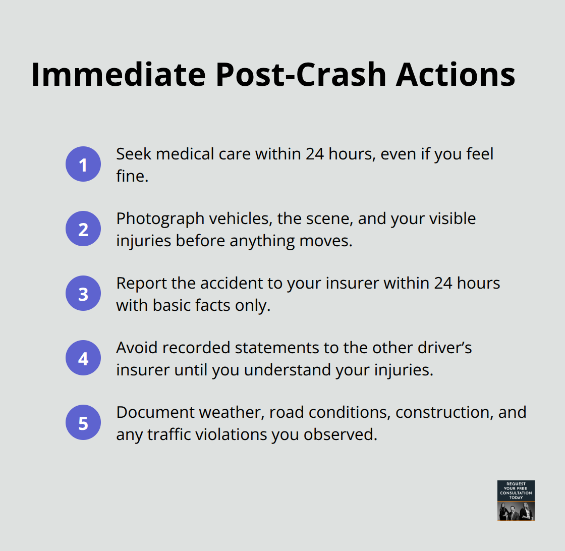 Compact checklist of urgent steps to protect your injury claim after a crash. - car accident body injury