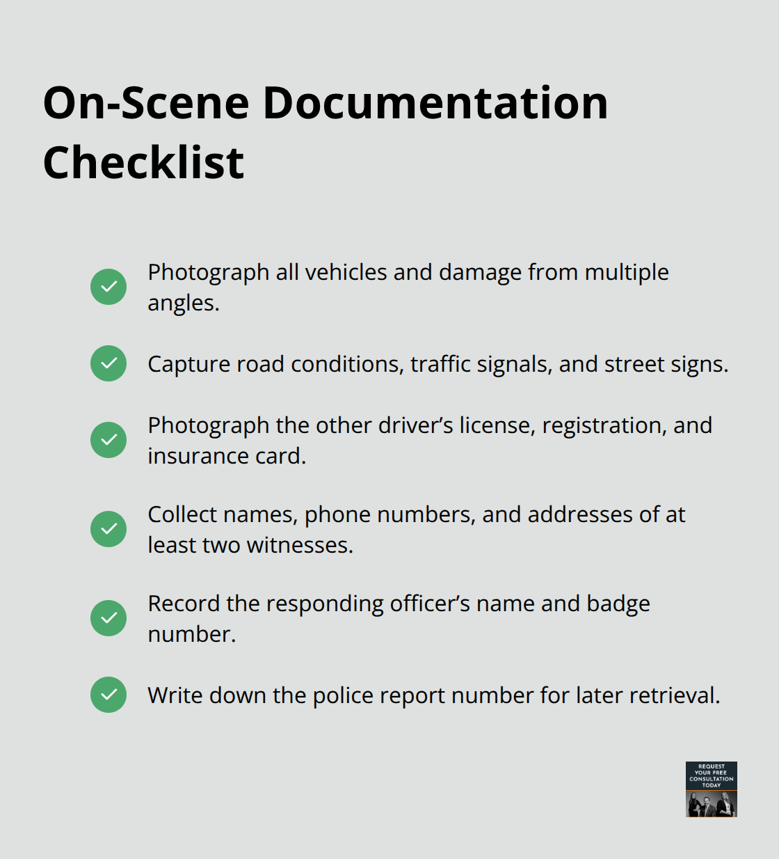Checklist of what to capture at a California car accident scene - Car accident claim time