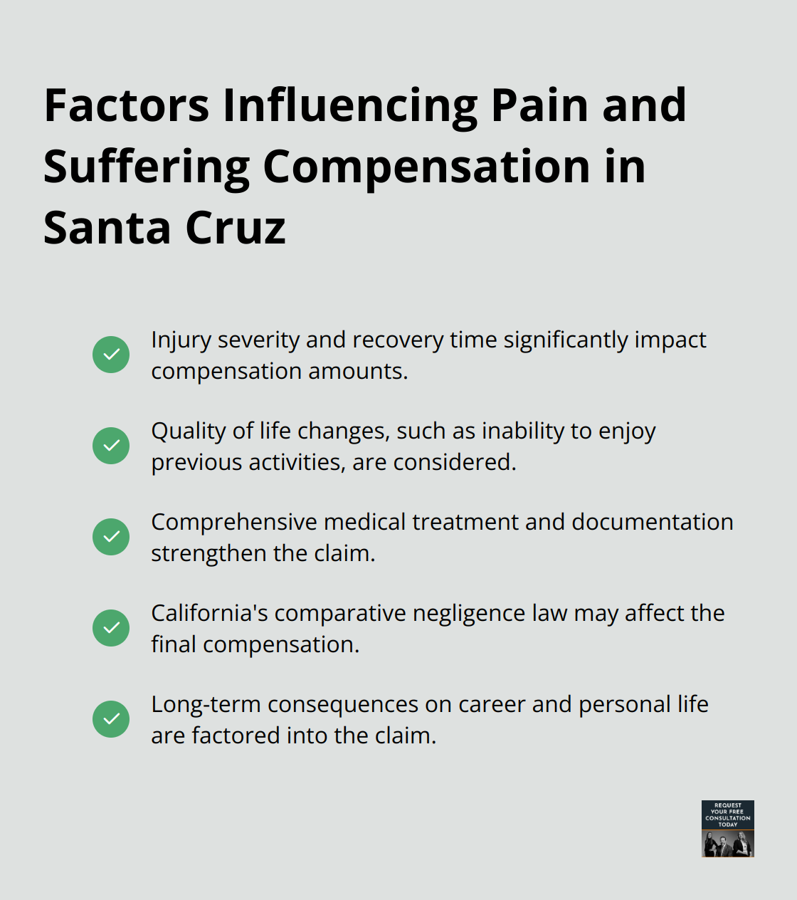 A checklist of factors that influence pain and suffering compensation in Santa Cruz, including injury severity, recovery time, quality of life changes, medical documentation, and comparative negligence. - car accident compensation for pain and suffering