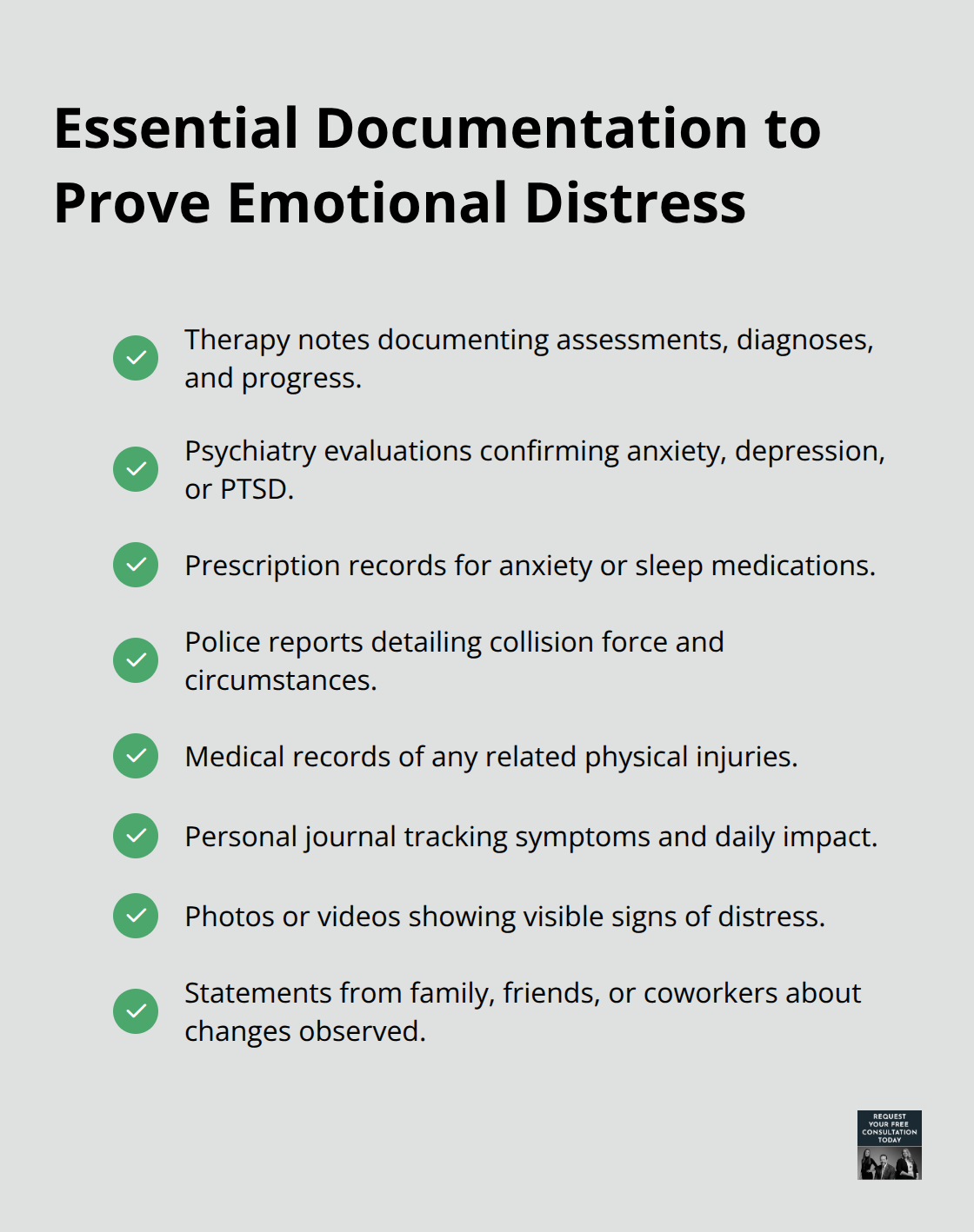 Checklist of key records to support an emotional distress claim after a car accident. - Car accident emotional distress