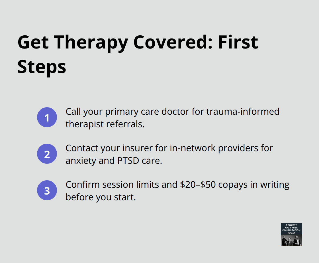 Compact checklist of first steps to access insurance-covered therapy after a crash