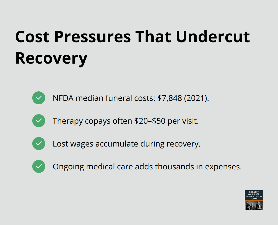 Checkmark list of common post-accident costs that strain emotional recovery - Car accident emotional support
