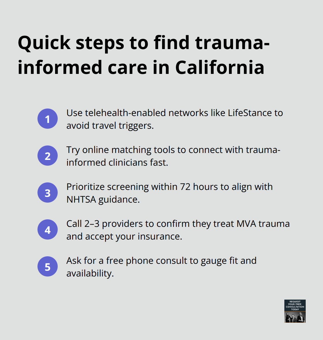 Compact list of steps to locate and contact trauma-informed mental health providers after a car accident - Car accident emotional trauma