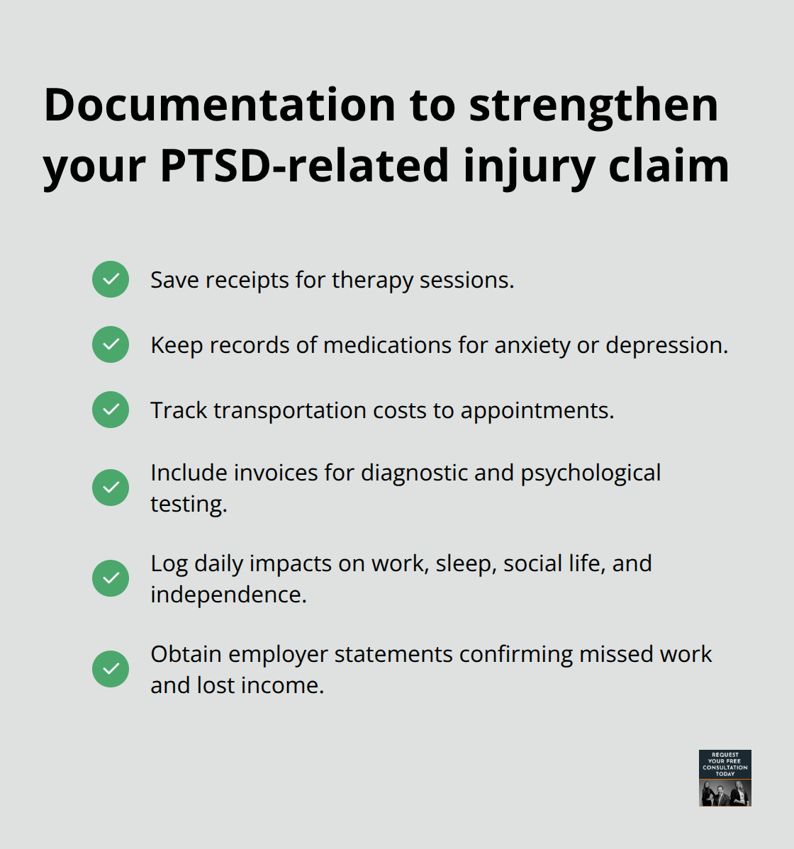 Checklist of records and receipts that support compensation for emotional trauma after a car accident