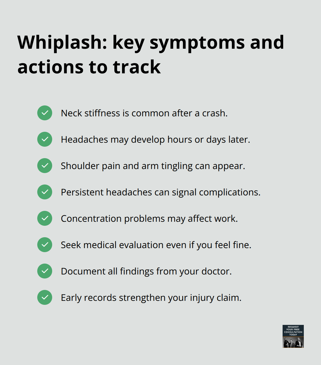 Checklist of common whiplash symptoms and immediate actions after a car crash - Car accident injuries checklist