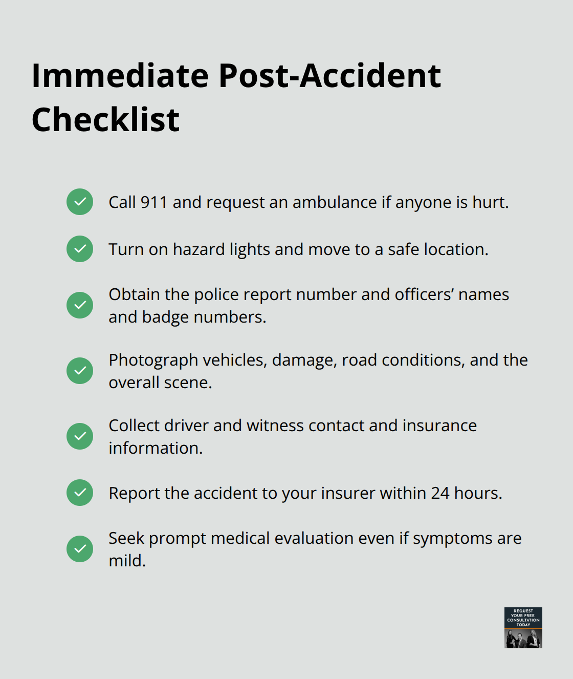Checklist of immediate steps to take after a car accident in the United States - Car accident injuries checklist