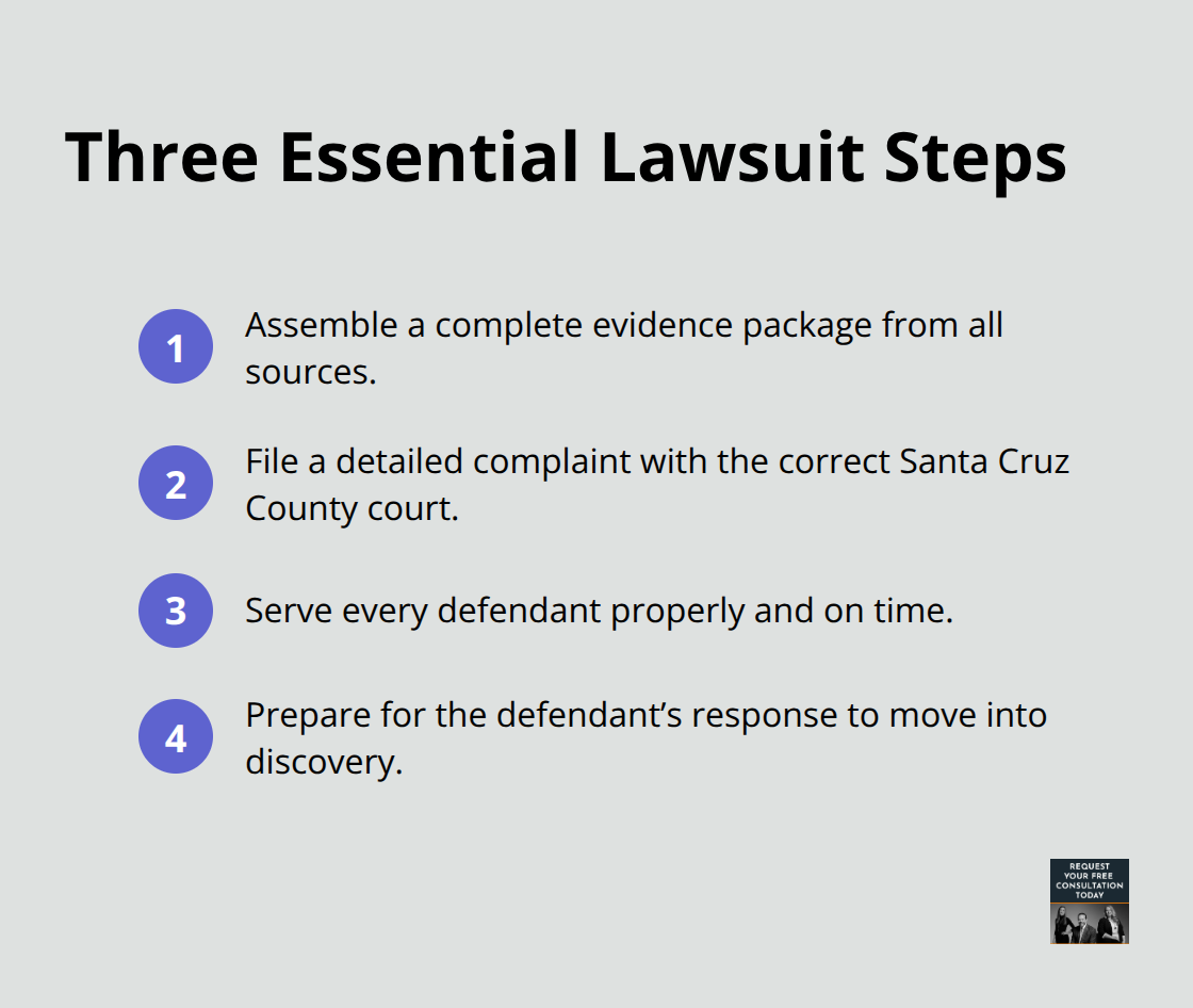 Compact list showing the three essential steps to file a car accident lawsuit in Santa Cruz County, CA