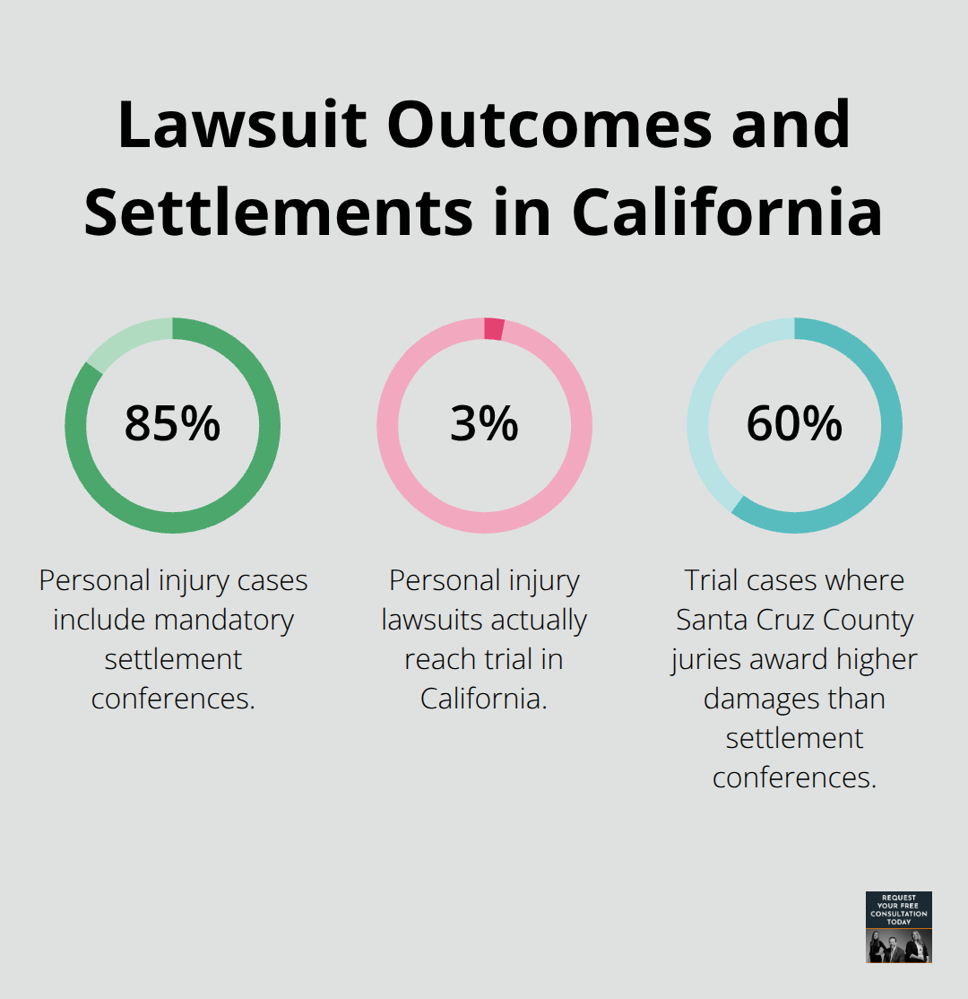 Percentage chart showing settlement conferences, trials, and jury award tendencies in California personal injury cases - car accident injury lawsuit