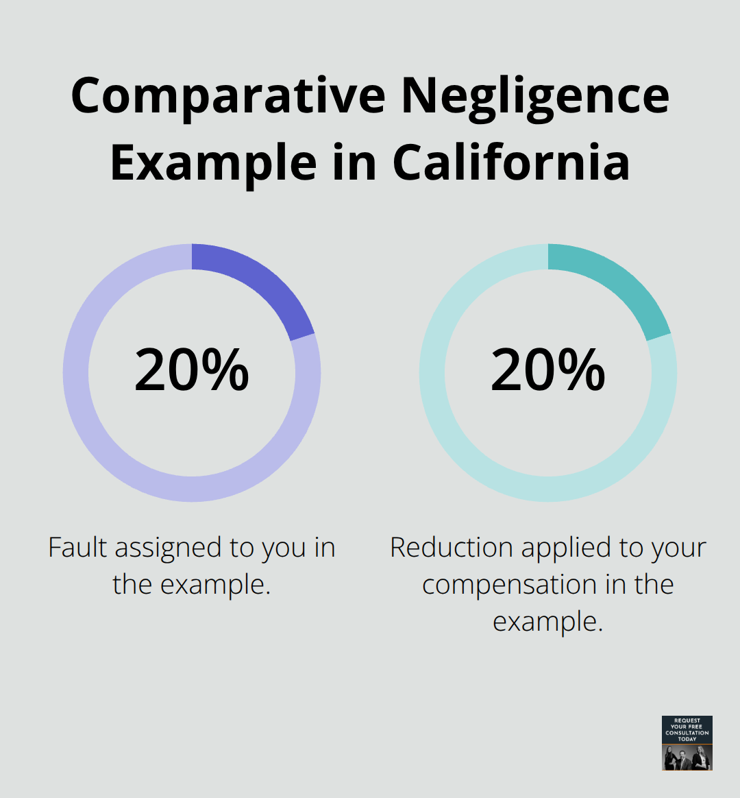 Example showing that being 20% at fault reduces compensation by 20% under California law.