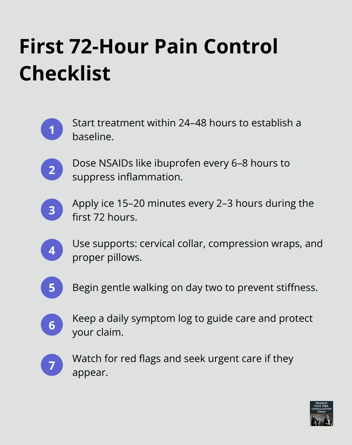 Compact checklist of immediate post-crash pain control steps for U.S. readers - Car accident pain management