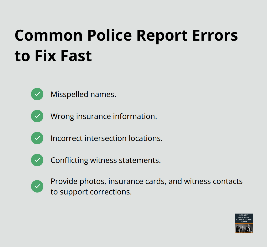 Checklist of common police report errors and supporting documents to provide for corrections.