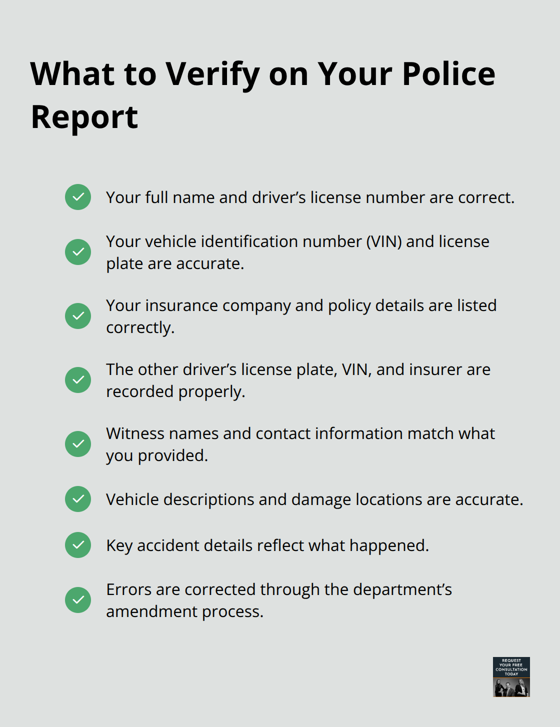 Checklist of critical details to verify on a car accident police report