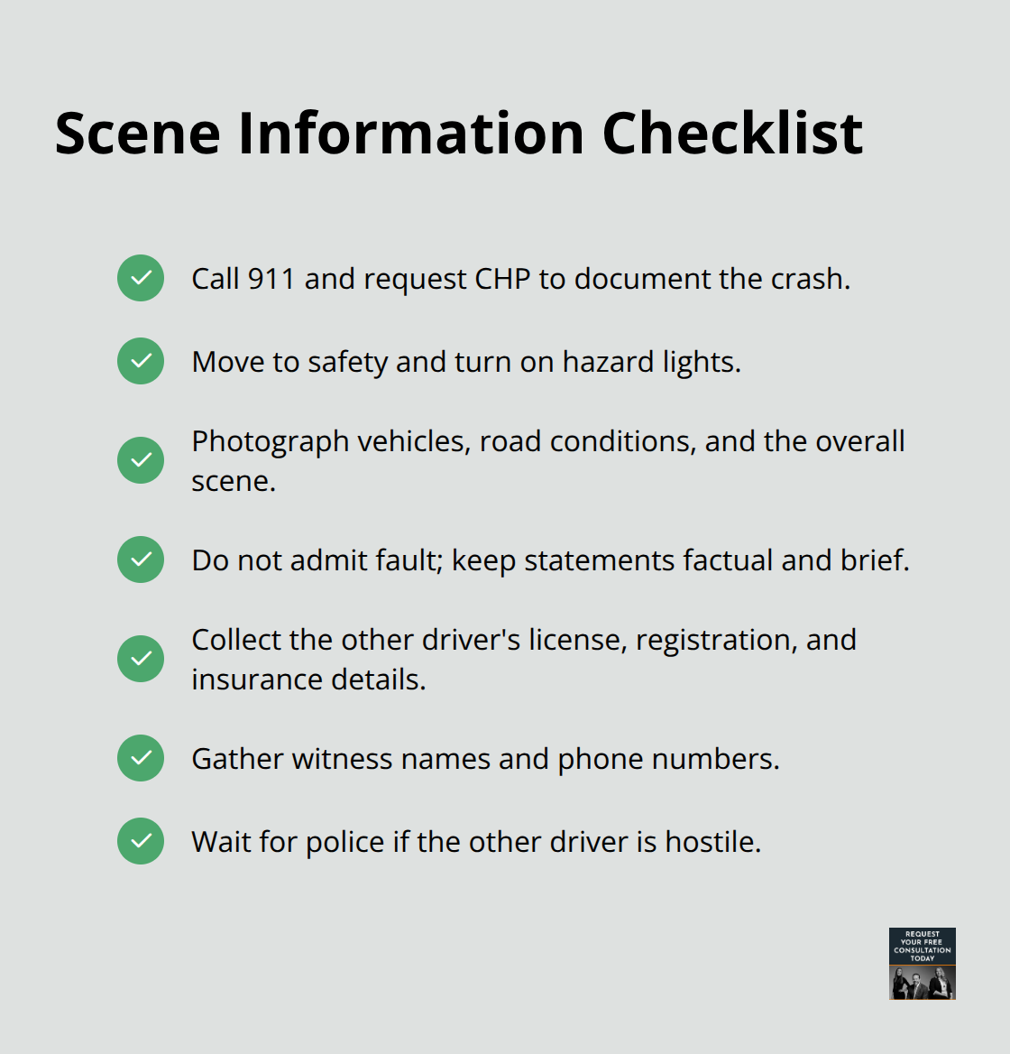 Checklist of immediate steps to document a crash and protect your claim