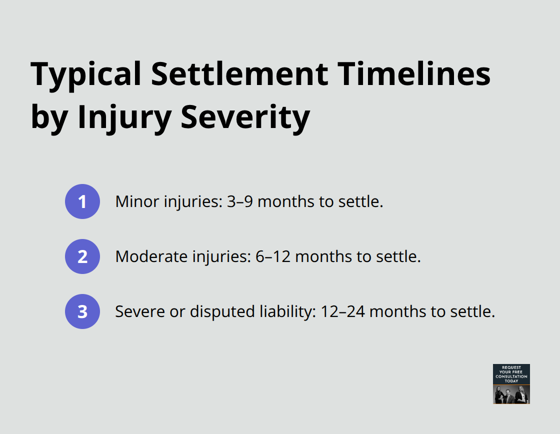 Compact list showing settlement timelines: minor injuries 3–9 months, moderate 6–12 months, severe or disputed liability 12–24 months. - car accident settlement options